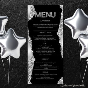 Black and Silver Menu Card Template, Editable Sparkle Menu Template, Birthday Table Menu Template Digital Instant Digital Download Printable