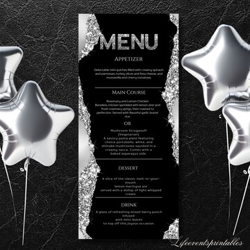Black and Silver Menu Card Template, Editable Sparkle Menu Template, Birthday Table Menu Template Digital Instant Digital Download Printable