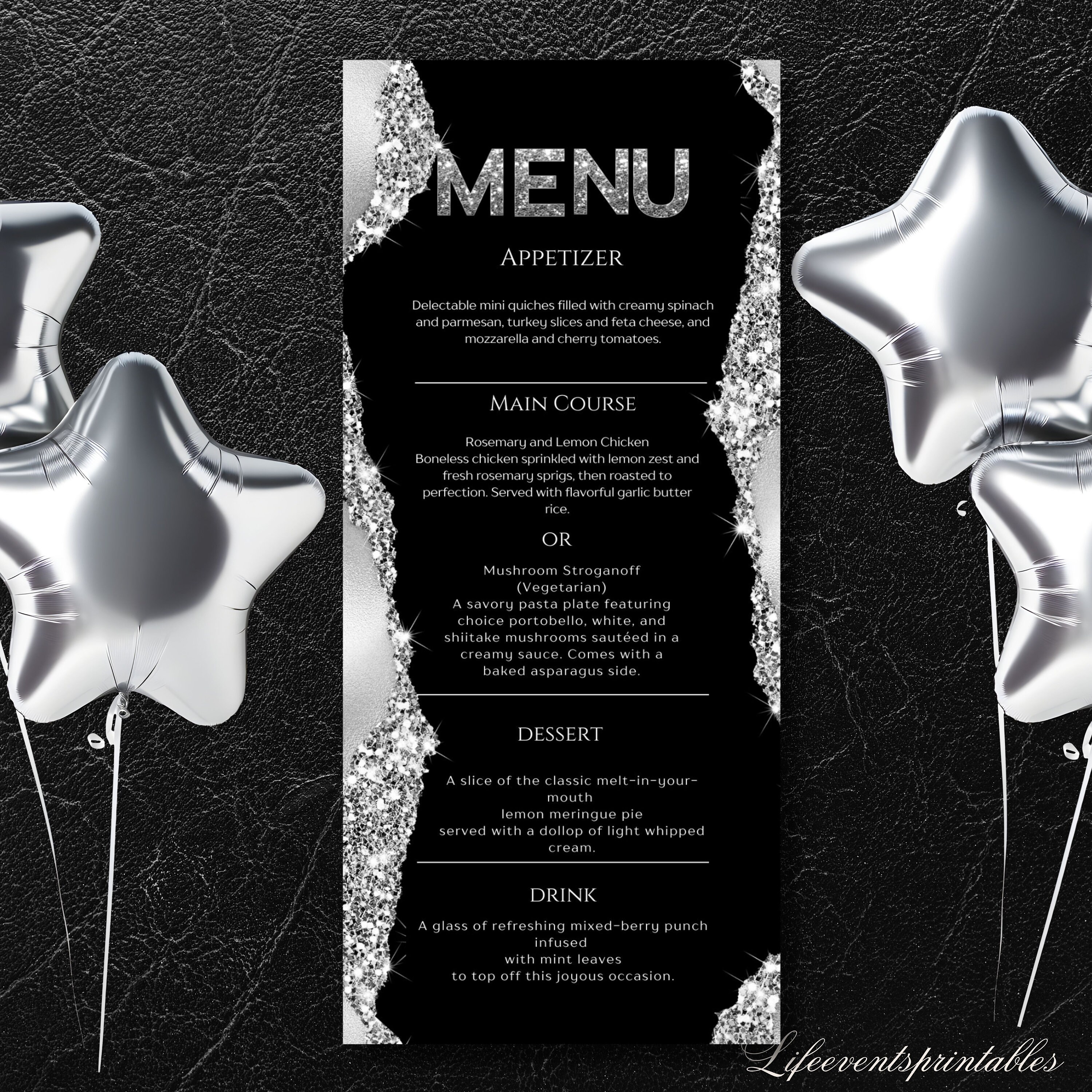 Black and Silver Menu Card Template, Editable Sparkle Menu Template, Birthday Table Menu Template Digital Instant Digital Download Printable