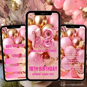 18TH Pink Birthday Invitation Editable Neon Pink Gold Animated 16th Party Invite, Eighteenth Balloon Digital Birthday Party Video Evite