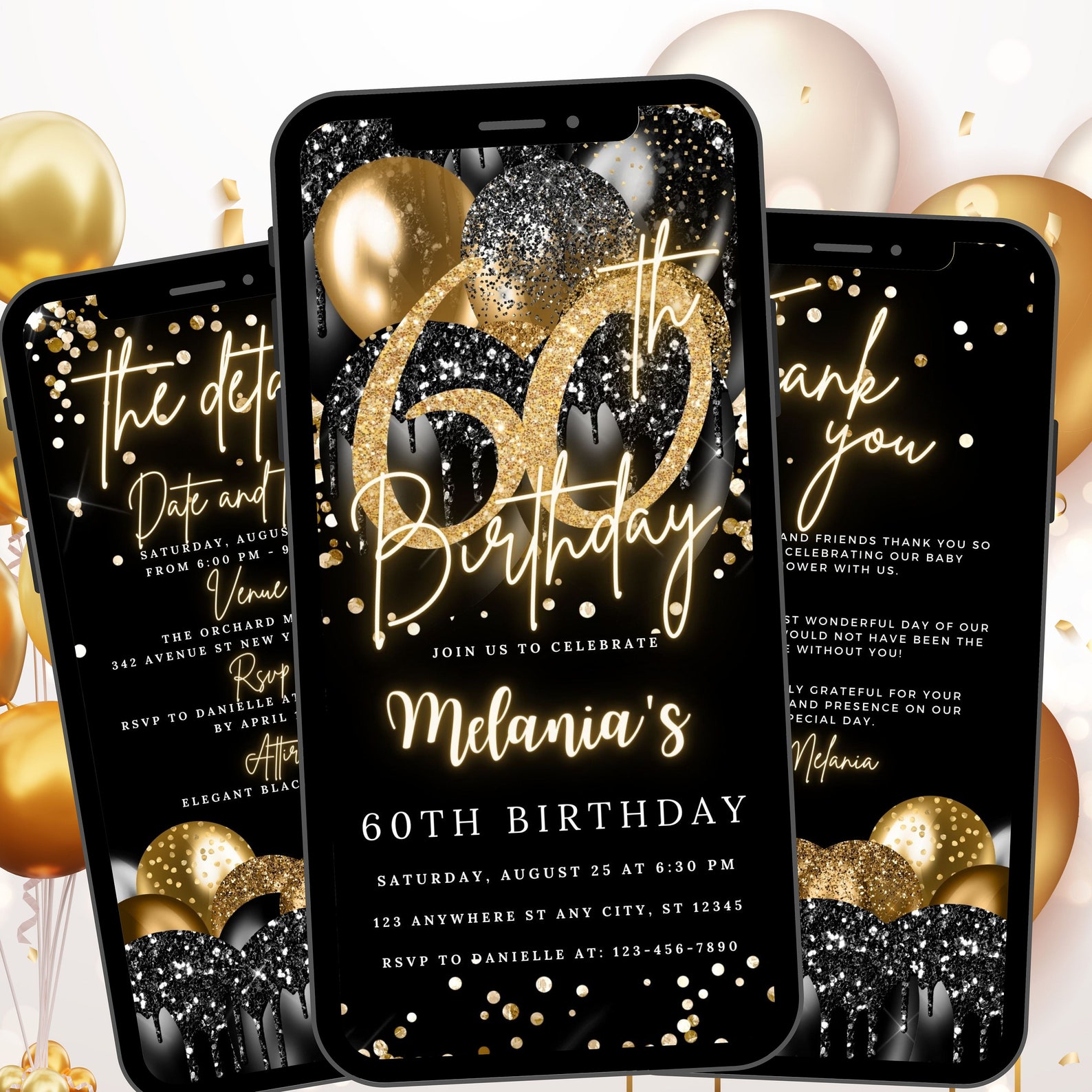 60TH Black Gold Birthday Invitation Template Animated, 60th Birthday ...