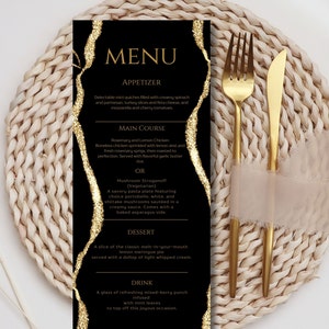 Plantilla de menú de fiesta de cumpleaños imprimible, tarjeta de menú de ágata imprimible en oro negro, menú de mesa de cena de cumpleaños, menú de cumpleaños oro negro
