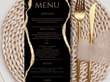 Black and Silver Menu Card Template, Editable Sparkle Menu Template, Birthday Table Menu Template Digital Instant Digital Download Printable