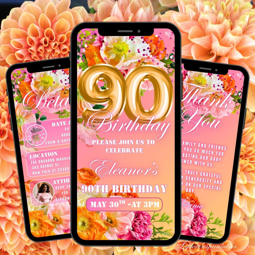 90TH Birthday Invitation Digital Floral Orange, Pink Floral Ninetieth ...