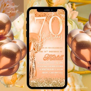 Zeventigste verjaardagsuitnodiging oranje, 70e verjaardag uitnodigen zeventigste e-invite-sjabloon, digitale sms-uitnodiging, mobiele telefoon Evite