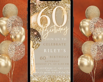 Sechzigste Braun Gold Geburtstag Einladung, 60thBirthday Invite, E-vite Vorlage, Neon Glitzer Text Geburtstag Digital Handy Evite