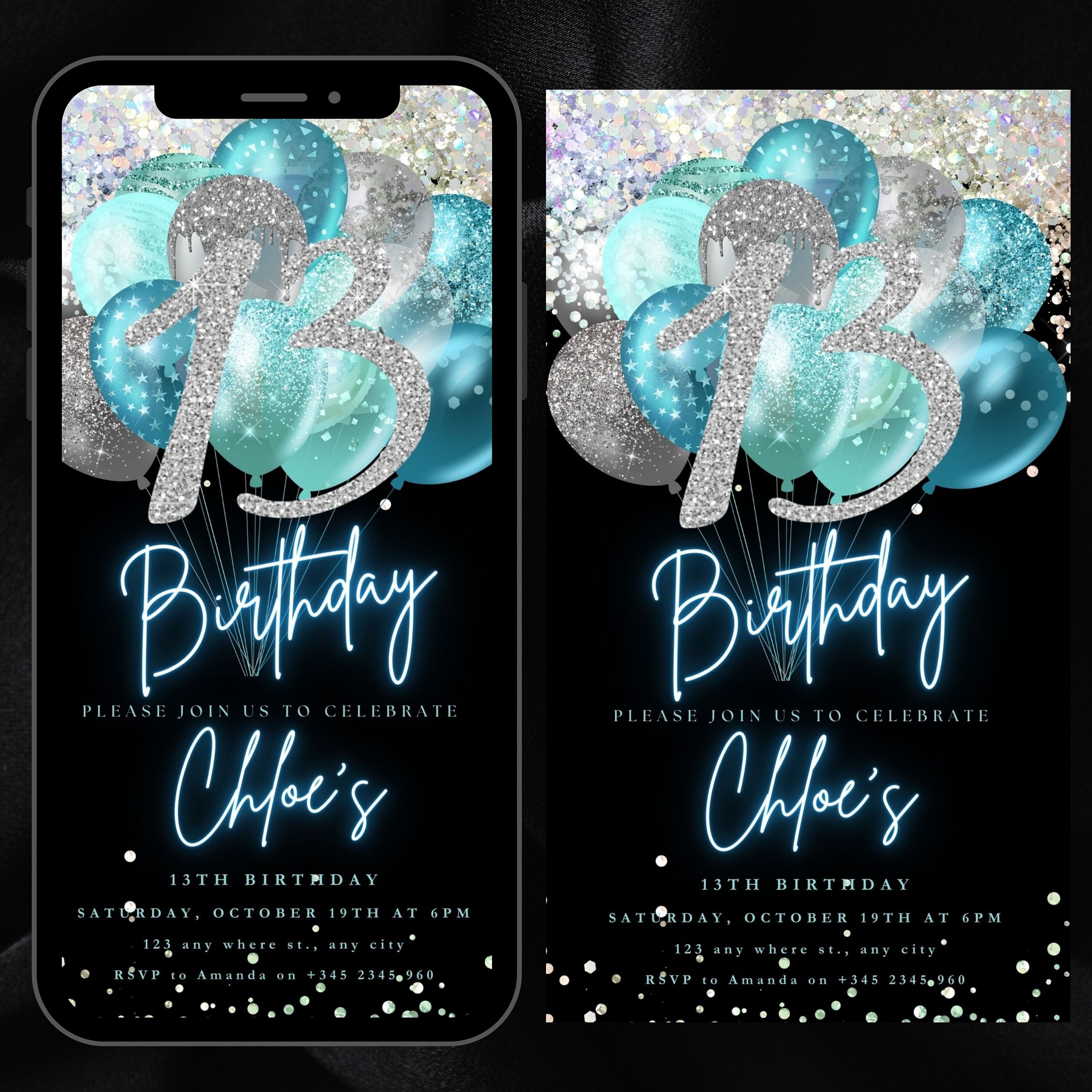 Digital Thirteenth Birthday Invitation Template Blue Balloon Silver ...