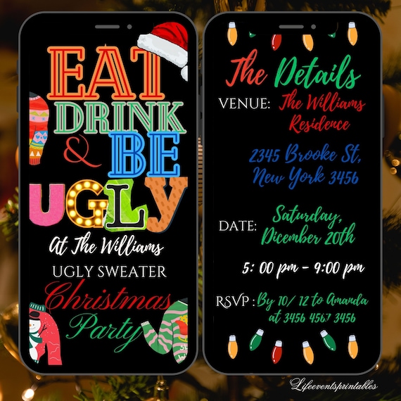 Electronic Ugly Sweater Party Invitation, Digital Tacky Christmas Party Phone Text Message Evite, Editable Invitation, Instant Download