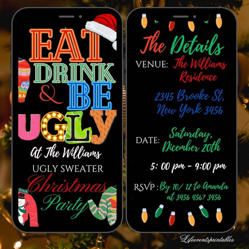 Pode incluir: Um convite digital para uma festa de Natal com su&eacute;teres feios. O design apresenta o texto "EAT DRINK & BE UGLY" em fontes coloridas, com um gorro de Papai Noel e gr&aacute;ficos de su&eacute;ter. Os detalhes incluem o local, a data, a hora e as informa&ccedil;&otilde;es de RSVP.