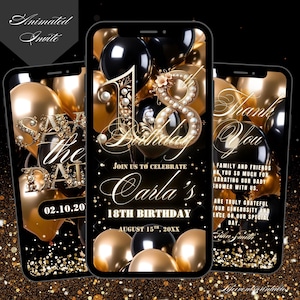 Digital 18th Birthday Invitation For Women, Editable 18th Invite Black, Eighteenth Party Evite For Her, 18TH Save The Date Birthday Ecard