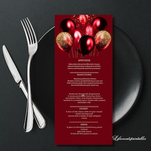 Afdrukbare menusjabloon verjaardagsfeestje, roodgouden afdrukbare ballonmenukaart, ballonverjaardagsdiner tafelmenu, verjaardagsmenu zwart goud