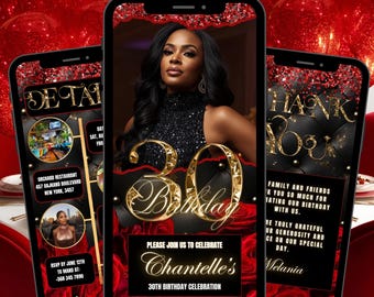30TH Floral Birthday Invitation Template RED, Thirtieth Roses Digital Black Dinner Text Invite Editable