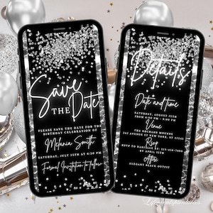 Digital Save The Date Invitation Silver, Electronic Black Birthday Save The Date Template, Editable Birthday Evite Instant Download