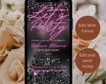 Digital Birthday Invitation Template, Electronic Birthday Invitation Rose Gold, Digital Download, Text Message Invite, Editable Text ANY AGE