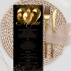 Printable Birthday Party Menu Template, Black Balloon Printable Menu Card, Birthday Dinner Table Menu, Black Birthday Menu Gold