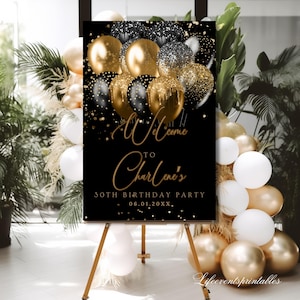 ANY AGE Birthday Welcome Sign Birthday Welcome Poster Black, Gold Glitter Sparkle Instant Digital Download Editable Welcome Signage decor