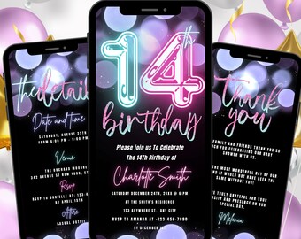 Digital 14th Birthday Invitation Template For Girls Neon Fourteenth Birthday Invite Editable Text Birthday Ecard Instant Download
