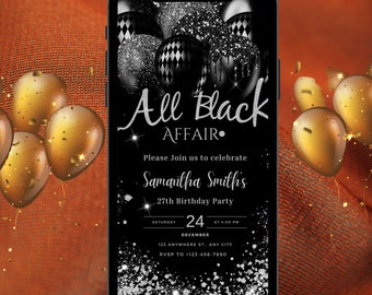 All Black Affair Invitation Template, Editable All Black Party Invitation, Digital Black Birthday Birthday Invite, Text Invite