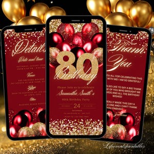 Digital 80TH Red Balloon Birthday Party Invitation Template Editable Glitter Eightieth Text Message Birthday dinner invite Instant Download