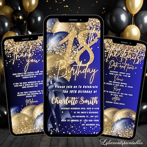 Faire-part de fête d'anniversaire numérique or marine 18ème, Evite de SMS par téléphone, ballons électroniques or bleu marine XVIIIe, modèle modifiable
