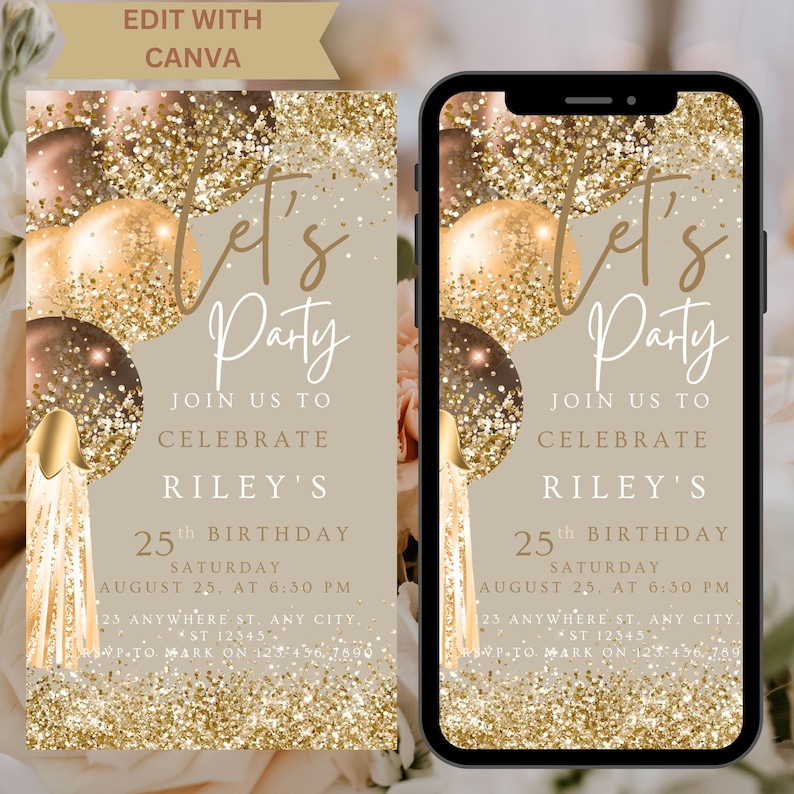 Digital Brown Gold Birthday Party Invitation, Brown Gold Glitter