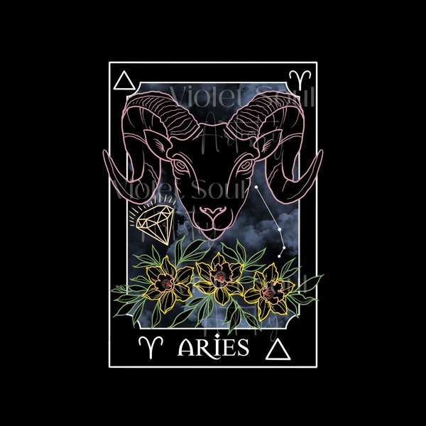 Aries Tarot Card PNG, Mystical PNG, Zodiac PNG, Zodiac Flower, Sublimation Design, Astrology png, Aries png