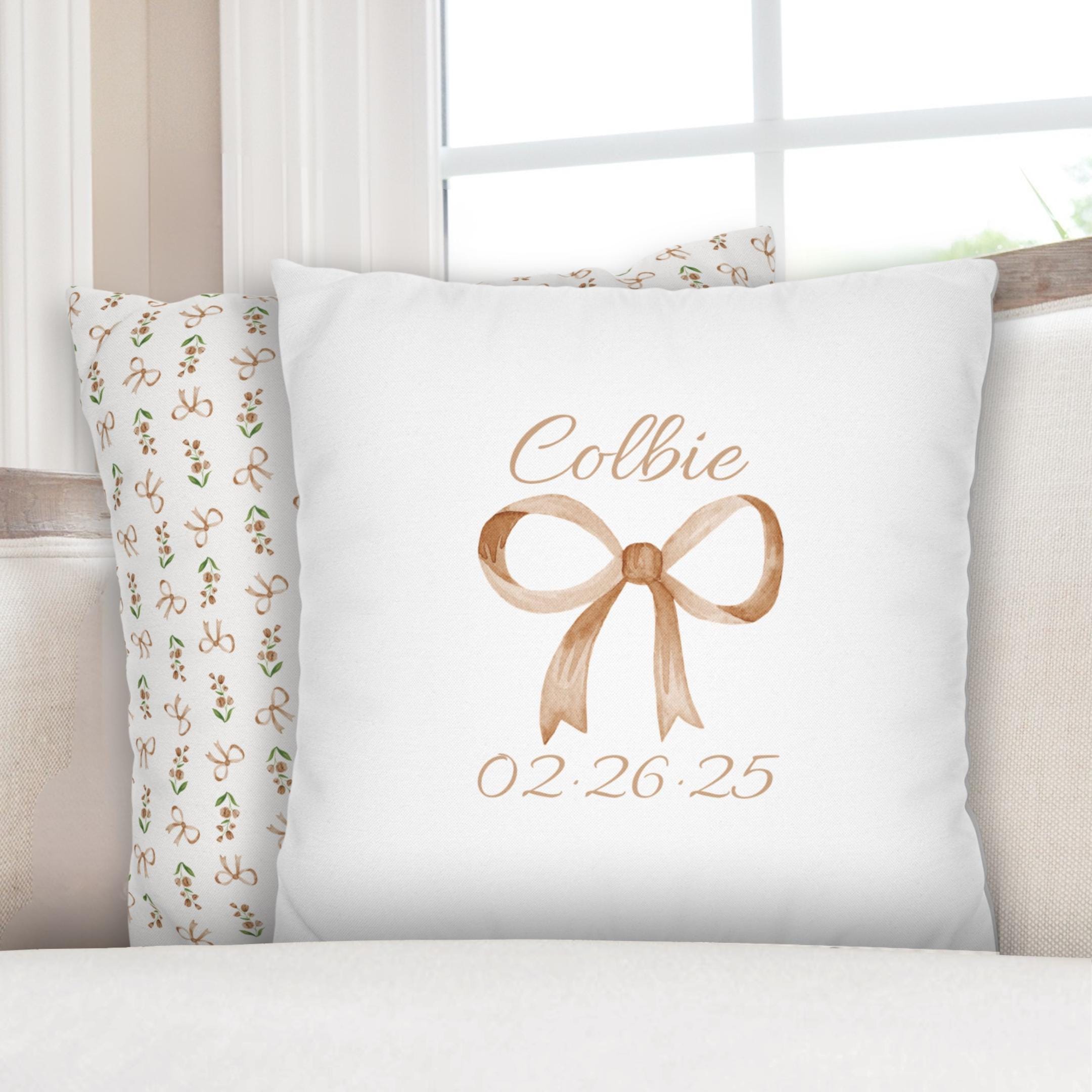 Beige Nursery Pillow Custom Baby Name Pillow Custom Baby Date Pillow Personalized Baby Pillow Coquette Nursery Newborn Gift for New Mom
