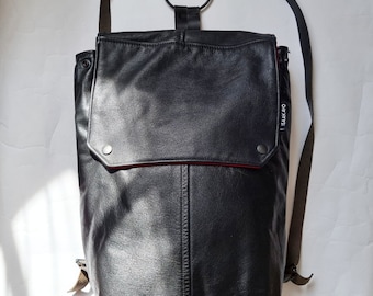 Mochila de cuero reciclado, mochila de cuero negro