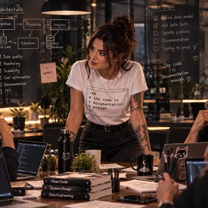 May include: A white t-shirt featuring a black rectangular graphic with the text "/* the code is documentation enough */". The shirt is worn with dark pants. The design mimics a computer code comment block, printed in a simple, clean font.