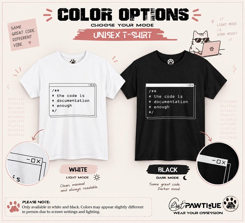 May include: A white and a black short-sleeved t-shirt, each featuring a graphic of a computer window containing the text: /** * the code is * documentation * enough */. The design mimics a code block, presented in light and dark mode options.