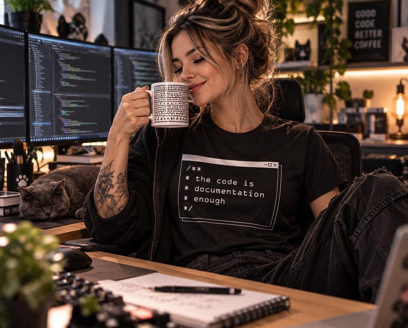 May include: A black t-shirt featuring a white graphic print of a code comment block that reads: /** * the code is * documentation * enough */. The shirt has a crew neckline and short sleeves, worn in a workspace setting with computer monitors.