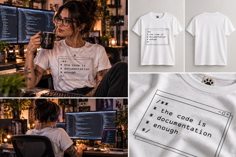 May include: A white short-sleeve t-shirt featuring a black graphic print of a computer code comment block. The text inside the box reads: /** * the code is * documentation * enough */. The shirt has a crew neckline and a plain white back.