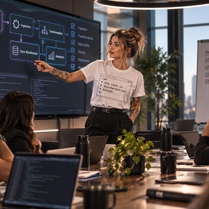 May include: A white t-shirt featuring a black rectangular graphic with the text: /* the code is documentation enough */. The shirt is worn with black trousers and a black belt, presented in a professional office setting with a large data flow screen.