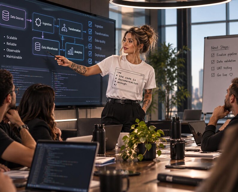 May include: A white t-shirt featuring a black rectangular graphic with the text: /* the code is documentation enough */. The shirt is worn with black trousers and a black belt, presented in a professional office setting with a large data flow screen.