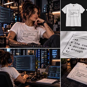 May include: A white short-sleeve t-shirt featuring a black graphic print of a computer window containing the text: /** * the code is * documentation * enough */. The design is centered on the chest, and the shirt has a standard crew neckline.
