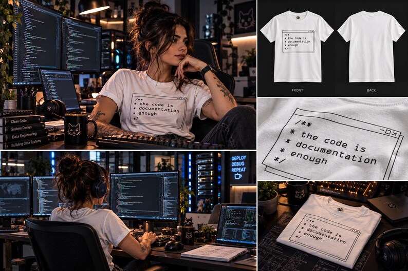 May include: A white short-sleeve t-shirt featuring a black graphic print of a computer window containing the text: /** * the code is * documentation * enough */. The design is centered on the chest, and the shirt has a standard crew neckline.