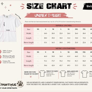 May include: A white t-shirt size chart featuring a graphic of a short-sleeve shirt with labeled width, length, and sleeve length. The chart includes imperial measurements in inches for sizes S through 5XL, alongside fabric details and fit guides.