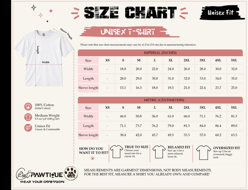 May include: A white t-shirt size chart featuring a graphic of a short-sleeve shirt with labeled width, length, and sleeve length. The chart includes imperial measurements in inches for sizes S through 5XL, alongside fabric details and fit guides.