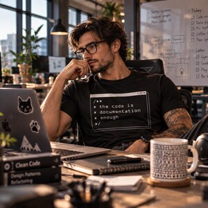 May include: A black short-sleeved t-shirt featuring a white graphic print of a code comment block that reads: /** * the code is * documentation * enough */. The shirt is worn by a person with dark hair and glasses sitting at a desk.