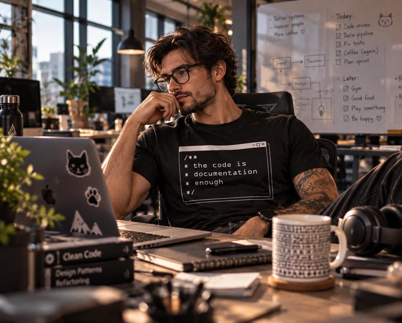 May include: A black short-sleeved t-shirt featuring a white graphic print of a code comment block that reads: /** * the code is * documentation * enough */. The shirt is worn by a person with dark hair and glasses sitting at a desk.