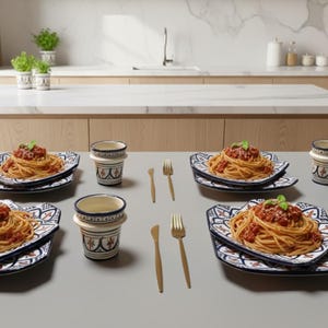 May include: A table setting featuring plates of spaghetti with meat sauce, decorative cups, and gold-colored cutlery. The plates have a blue, white, and red pattern. The scene is set in a modern kitchen with light-colored cabinets.