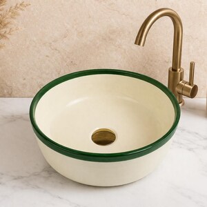 Minimalist Moroccan Ceramic Sink – Cream & Green Rim Vessel – Handcrafted Bathroom Vanity Bowl