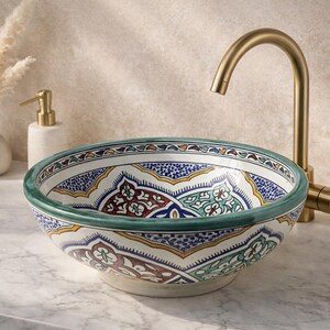 Traditional Moroccan Ceramic Sink – Multicolor Pattern with Green Rim – Handcrafted Bathroom Vessel Bowl