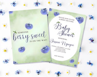 Berry Sweet Blueberry Baby Shower Invitation – Someone Berry Sweet Canva Template, Watercolor, Gender Neutral, Spring Baby Shower