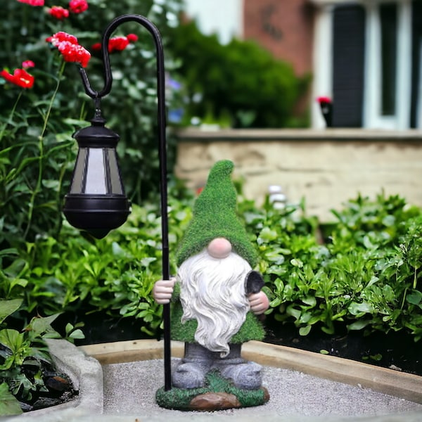 Flocked Garden Gnome Statue with Solar LED Light, Large Funny Fairy Gnomes Figurines with Solar Lantern, Outdoor Fall Decorations