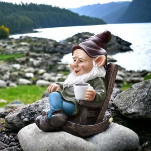 Drinking Coffee Garden Gnome Statue Decoration 7.3" Figurine Ornament for Indoor Outdoor Home Patio Yard Lawn