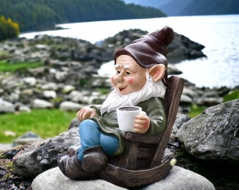Drinking Coffee Garden Gnome Statue Decoration 7.3" Figurine Ornament for Indoor Outdoor Home Patio Yard Lawn
