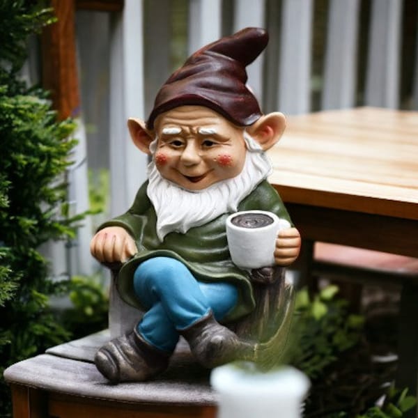 Drinking Coffee Garden Gnome Statue Decoration Figurine Ornament for Indoor Outdoor Home Patio Yard Lawn