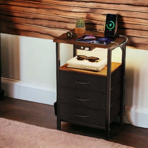 Nightstand with Charging Station and Dimmable LED Lights, 25.6 Inch Tall Side Table with 3 Fabric Drawers, Night Stand with USB Ports