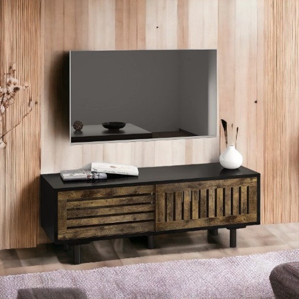 Mid-Century Modern TV Stand, Glossy Black TV Console with Sliding Doors, TV Console with Large Storage, Entertainment Center with Sturdy